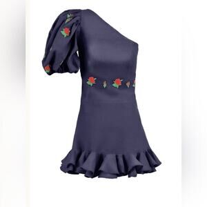 Fanm Mon Flame Mini Linen One Sleeve Ruffle Hem Floral Embroidery Dress L